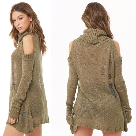 Easel Distressed Open Shoulder Sweater- Olive - Picture 2 of 4